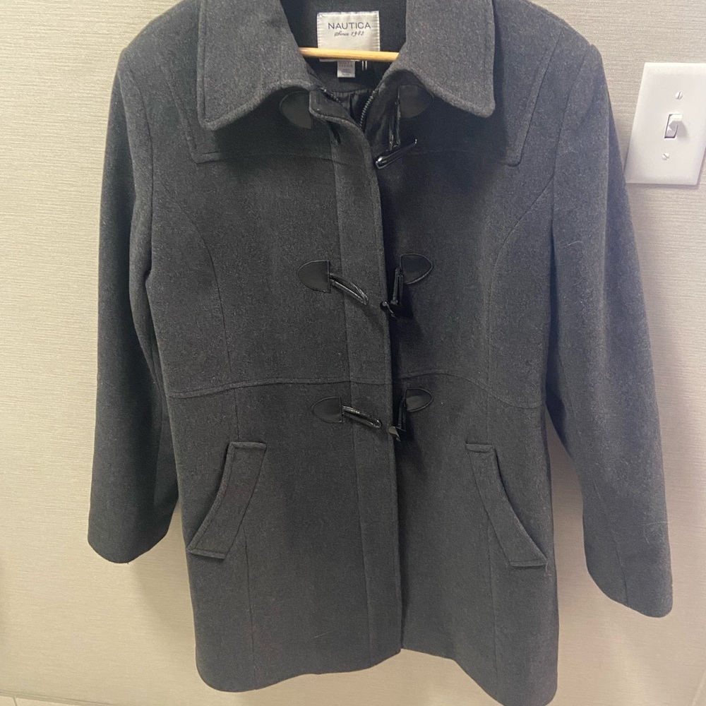Nautica Women's Dark Gray Wool Toggle & Zip Long Pea Coat
